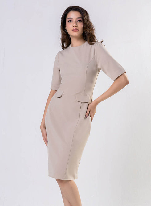Round Neck Shift Dress With Flaps-Beige
